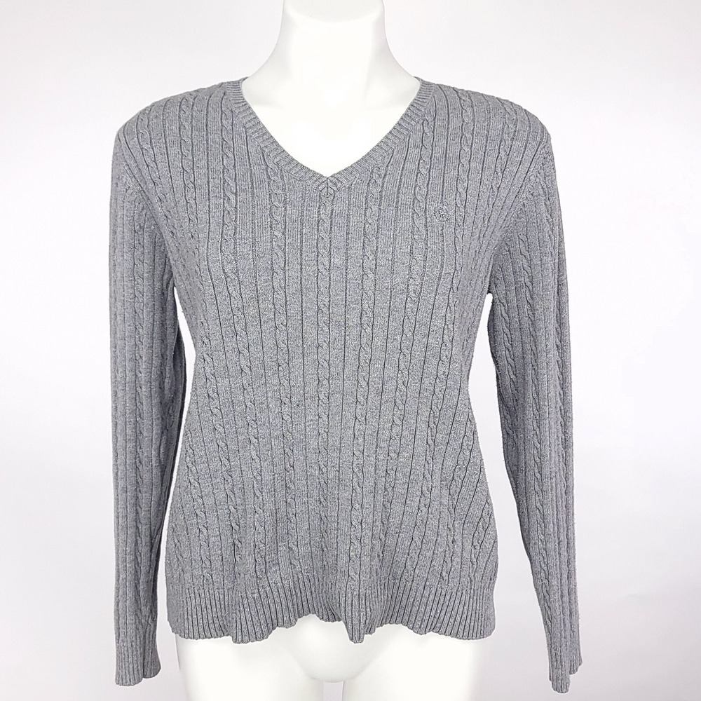IZOD Cable Knit V-Neck Sweater Womens XL Gray Classic Preppy Cotton Pullover